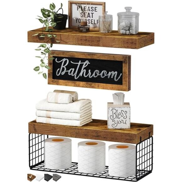 ‎Bathroom Shelves Over Toilet - Paper Storage Wall Mounted Farmhouse Decor - Picture 1 of 7
